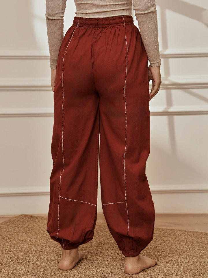 Women's Maroon Cambric Embroidered Joggers Yoga Pants