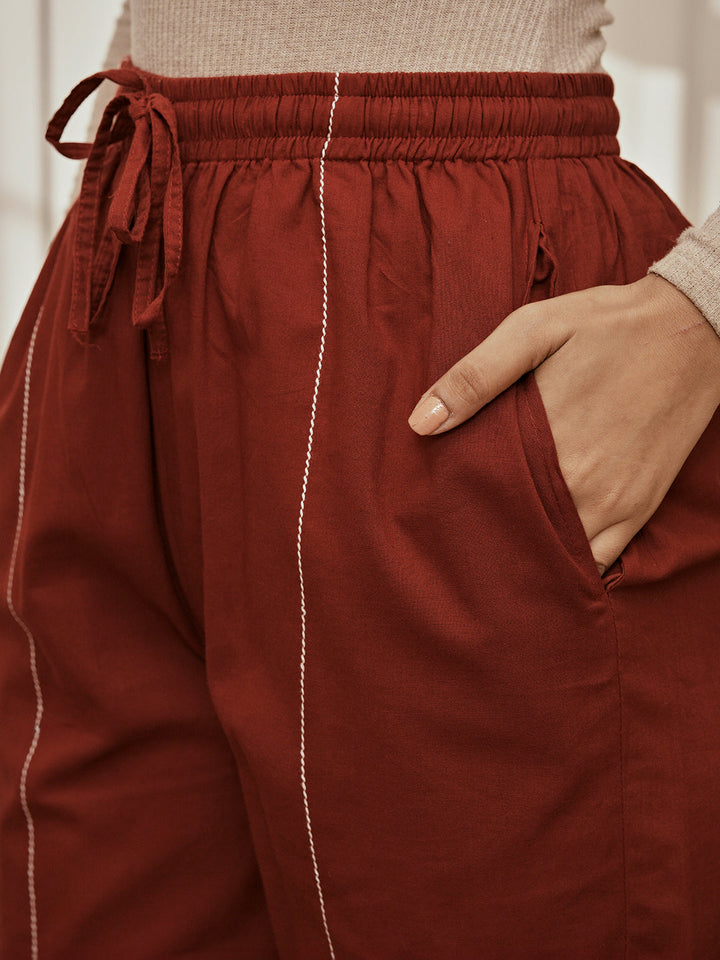 Women's Maroon Cambric Embroidered Joggers Yoga Pants