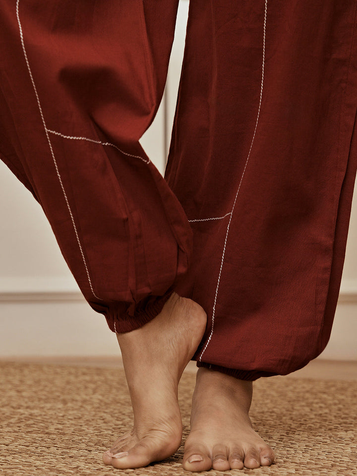 Women's Maroon Cambric Embroidered Joggers Yoga Pants