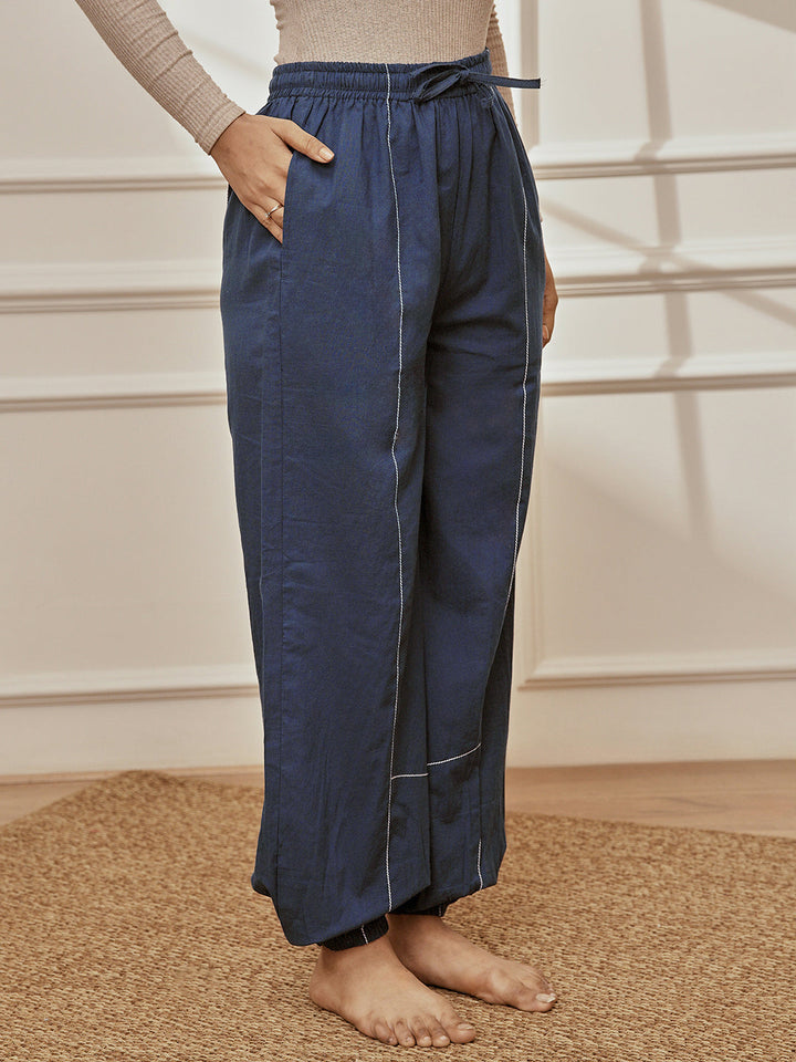 Women's Navy Blue Cambric Embroidered Joggers Yoga Pants