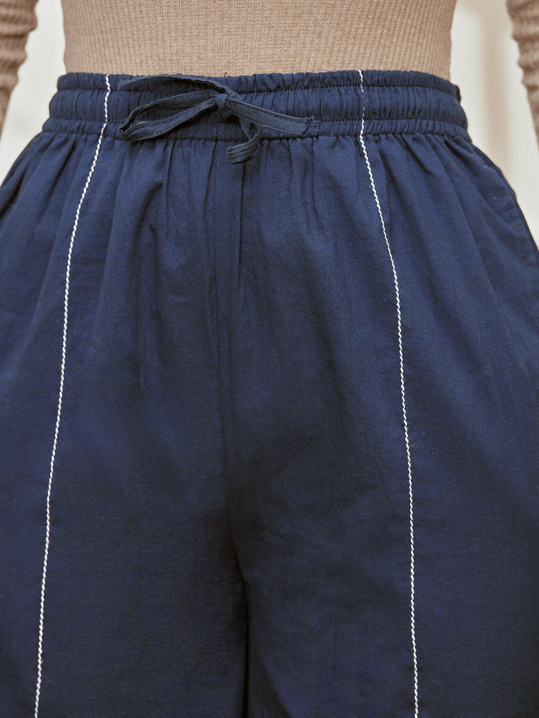 Women's Navy Blue Cambric Embroidered Joggers Yoga Pants