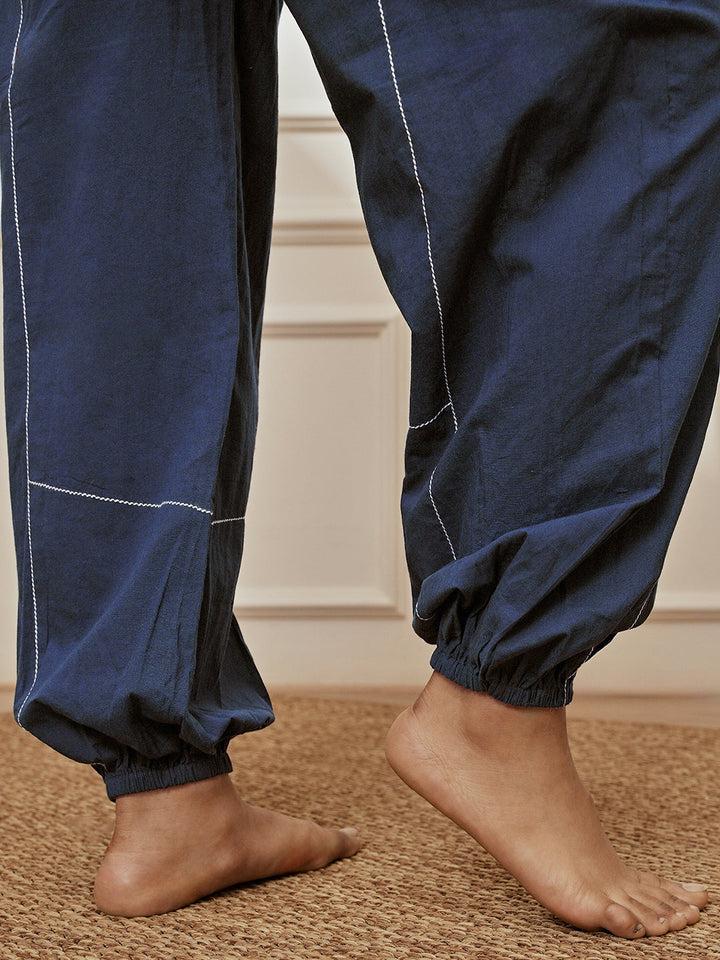 Women's Navy Blue Cambric Embroidered Joggers Yoga Pants