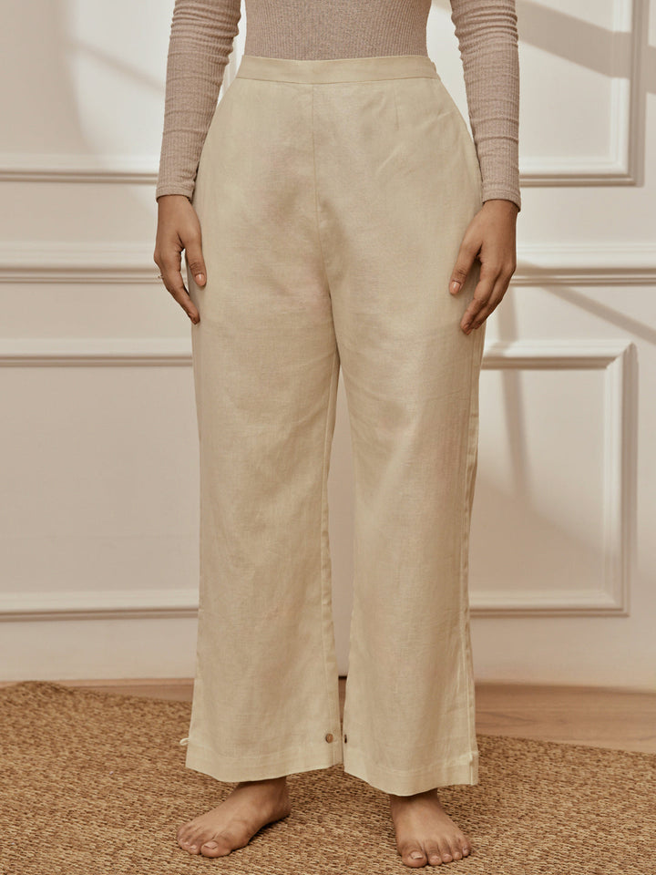 Women's Beige Cotton Linen Straight Yoga Pants