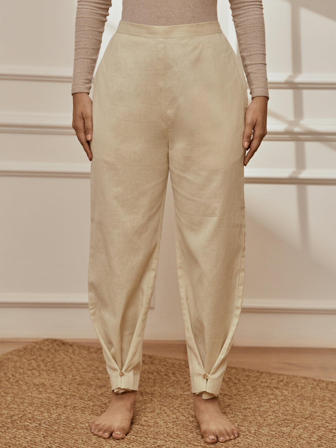 Women's Beige Cotton Linen Straight Yoga Pants