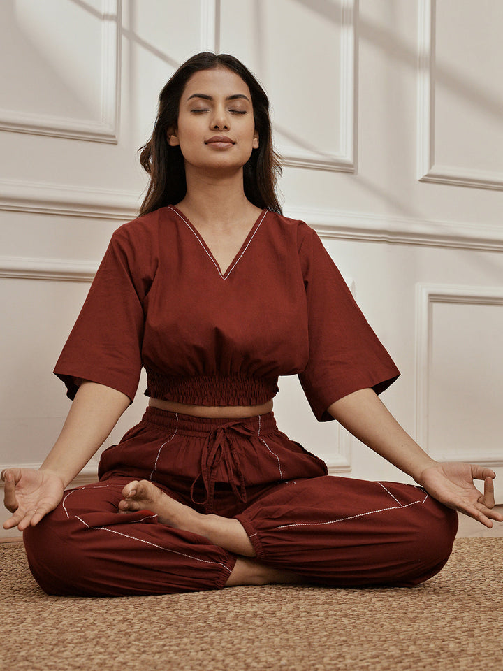 Women's Maroon Cambric Cotton Crop Top With Matching Joggers Yoga Set