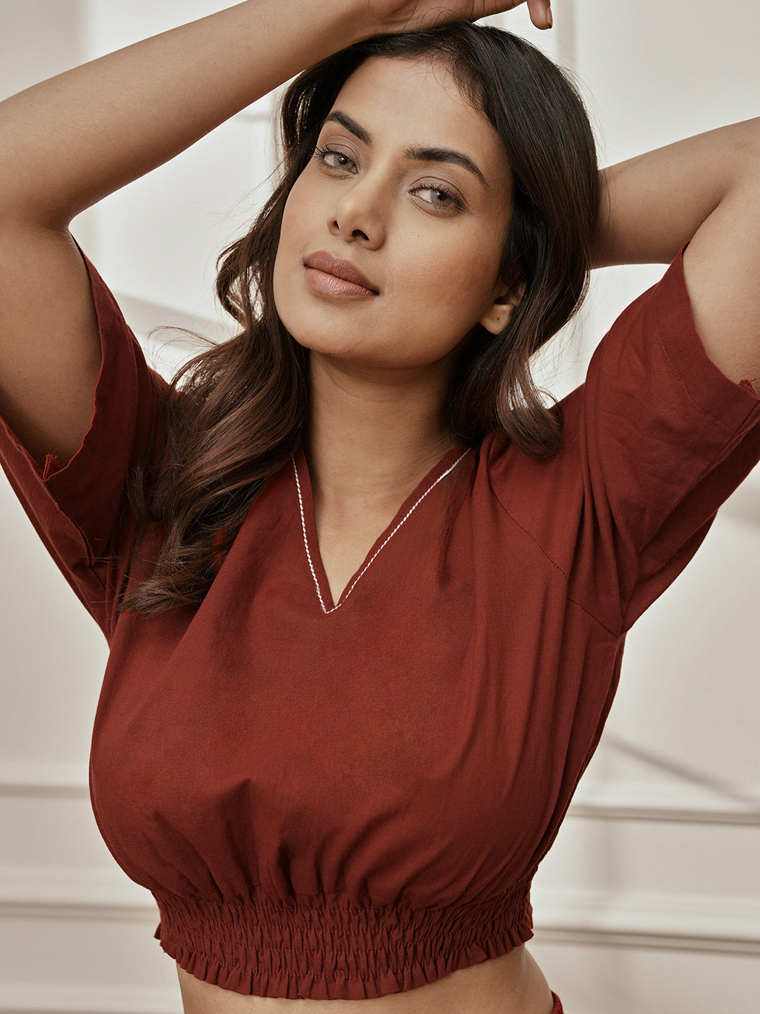 Women's Maroon Cambric Cotton Crop Top With Matching Joggers Yoga Set