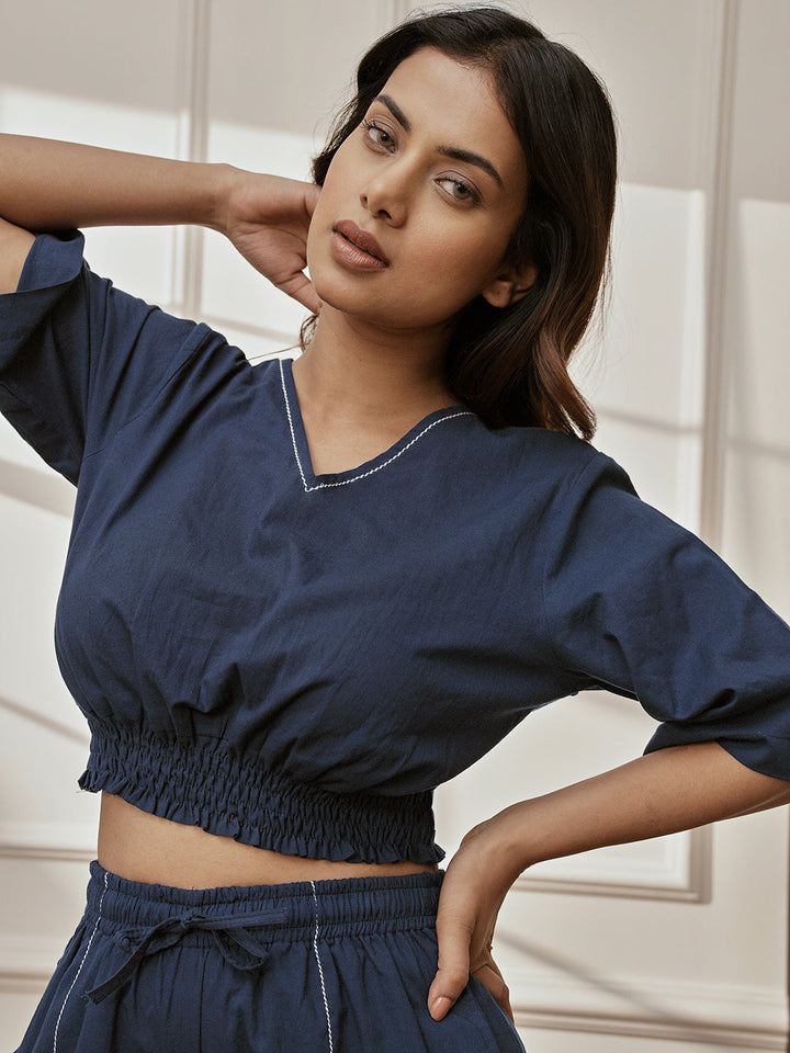 Women's Navy Blue Cambric Cotton V-Neck Crop Yoga Top