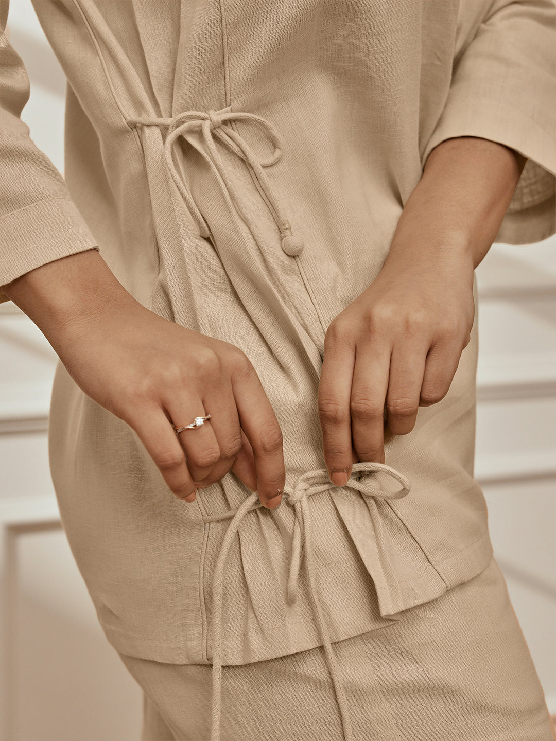 Women Beige Linen Cotton Round Neck Embroidered Yoga Top