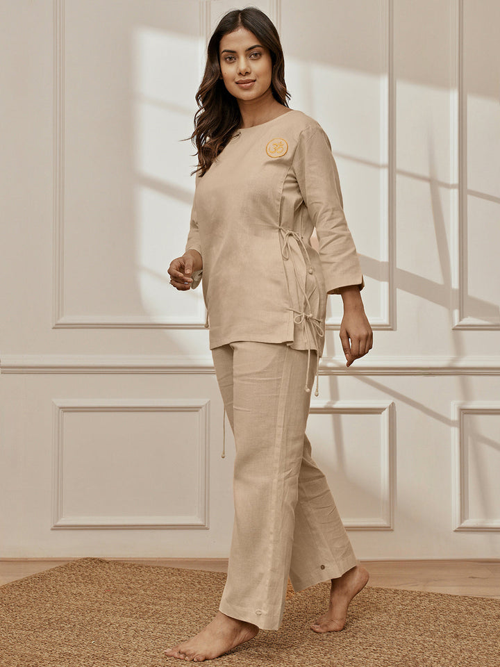 Women Beige Linen Cotton Three-Quarter Sleeves Top with Matching Straight Pants Yoga Set
