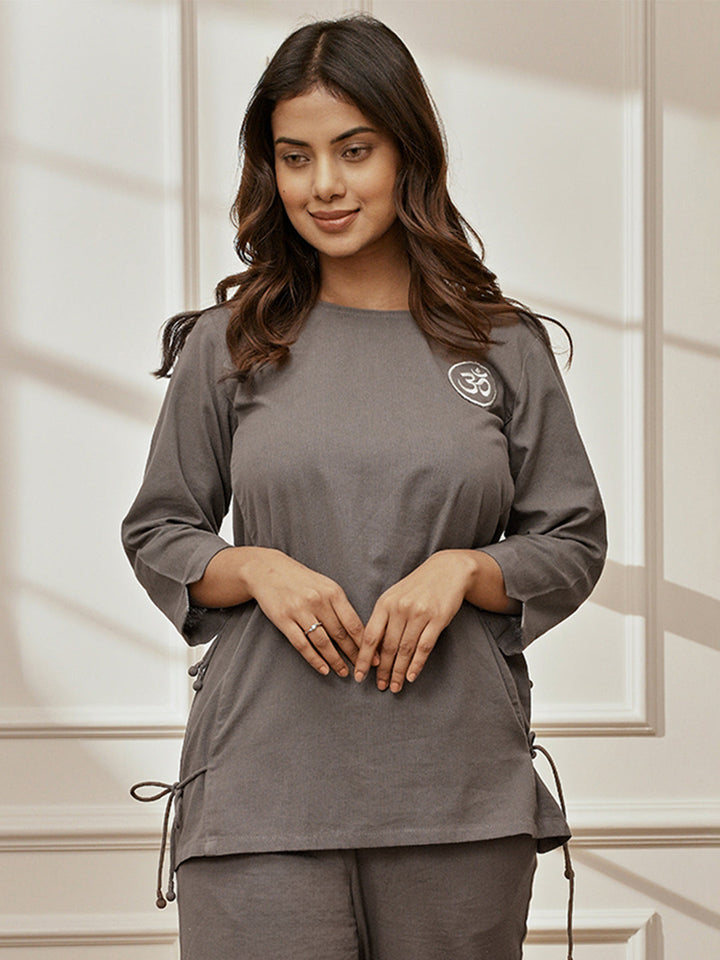 Women Grey Linen Cotton Round Neck Embroidered Yoga Top