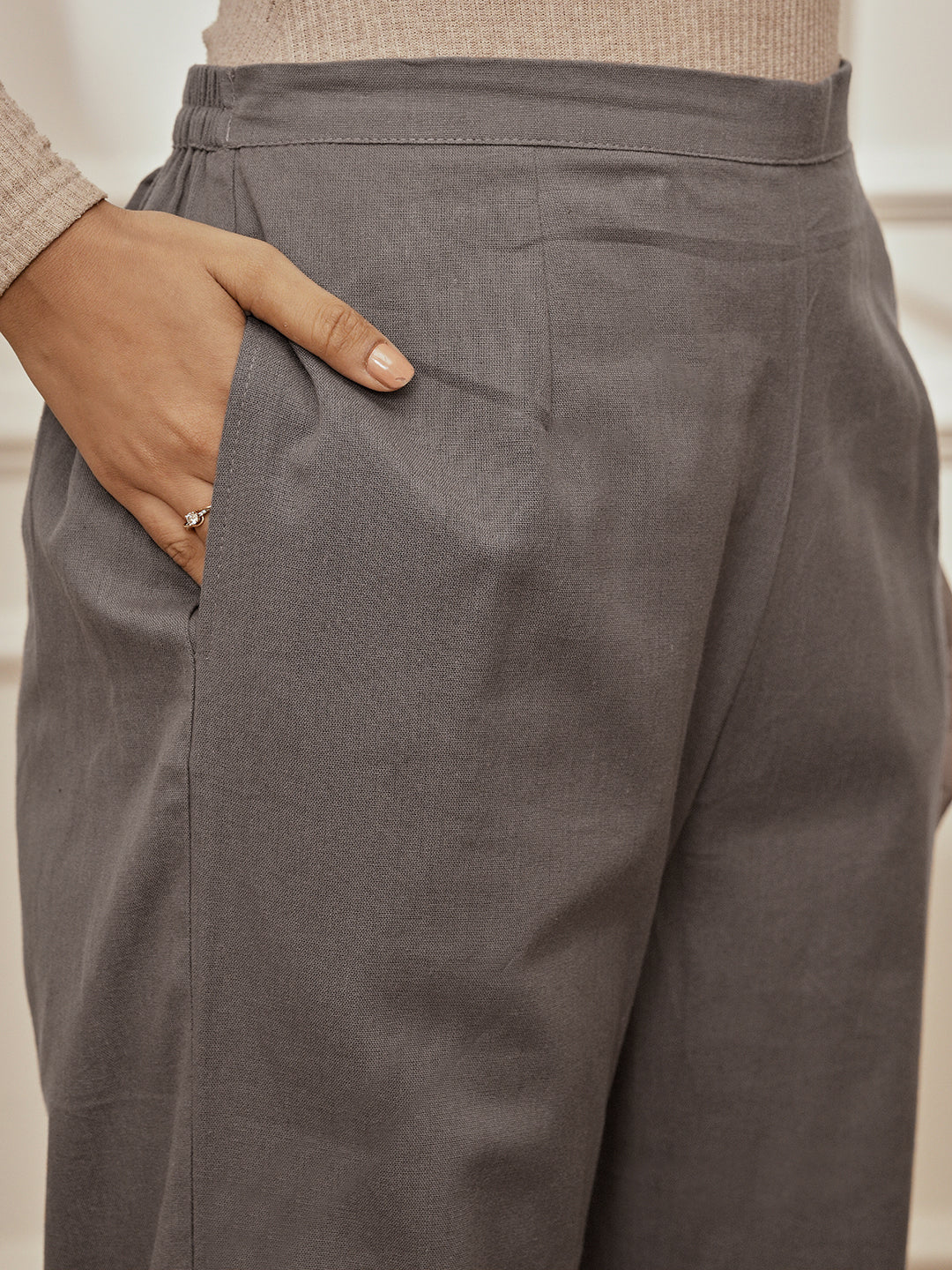 Women Grey Linen Cotton Three-Quarter Sleeves Top with Matching Straight Pants Yoga Set