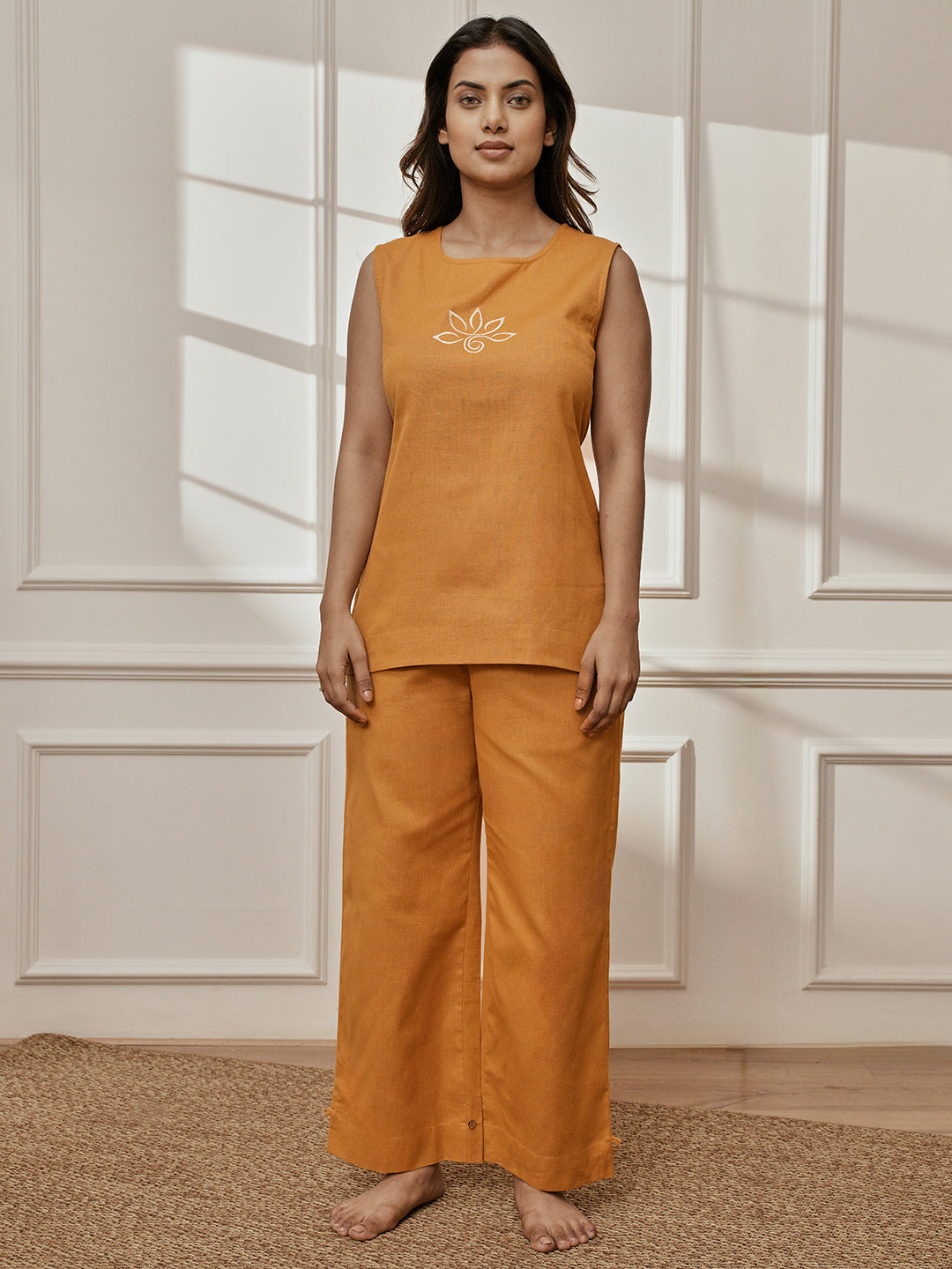 Women's Dusty Saffron Ethnic Embroidered Yoga Sleeveless Kurta With Straight Pants