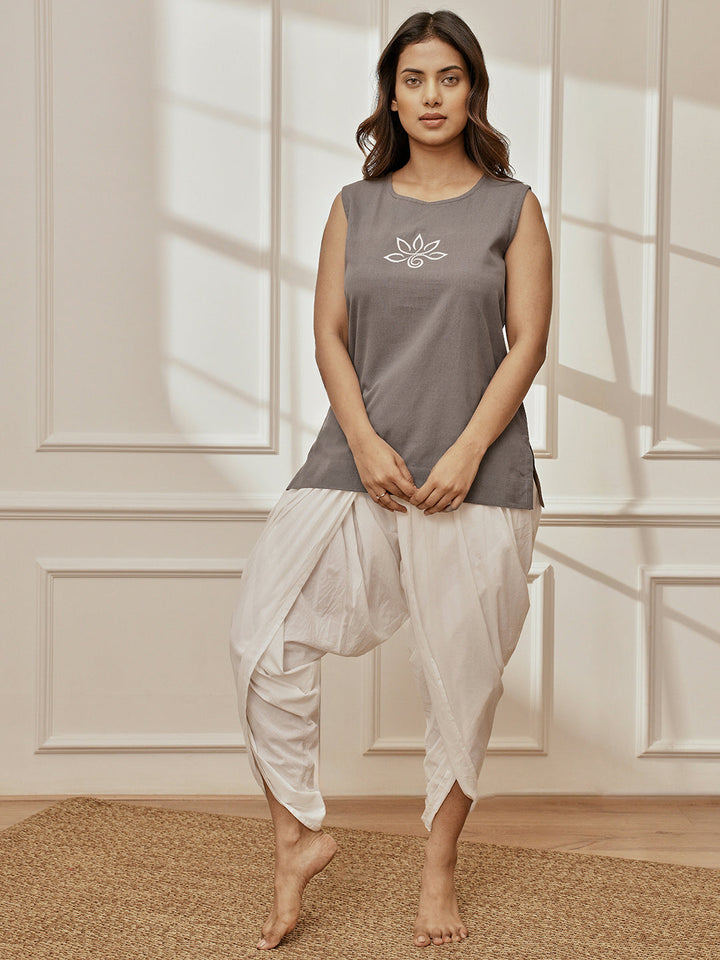 Women's Grey Embroidered Yoga Kurta With White Dhoti Pants