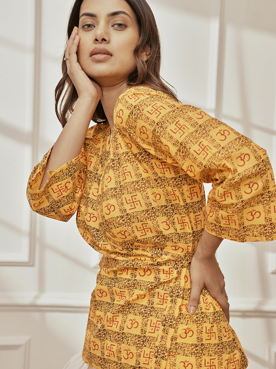 Women Yellow Printed Cotton Shawl Collar Wrap Yoga Top