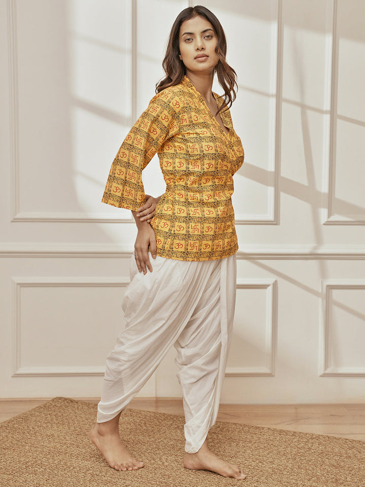Women Yellow Printed Wrap Top with White Dhoti Pant