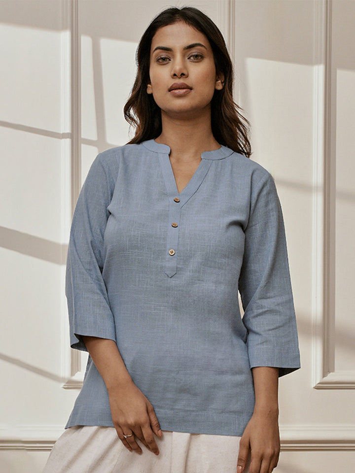 Women Aqua Cotton Linen Band Collar Yoga Kurta