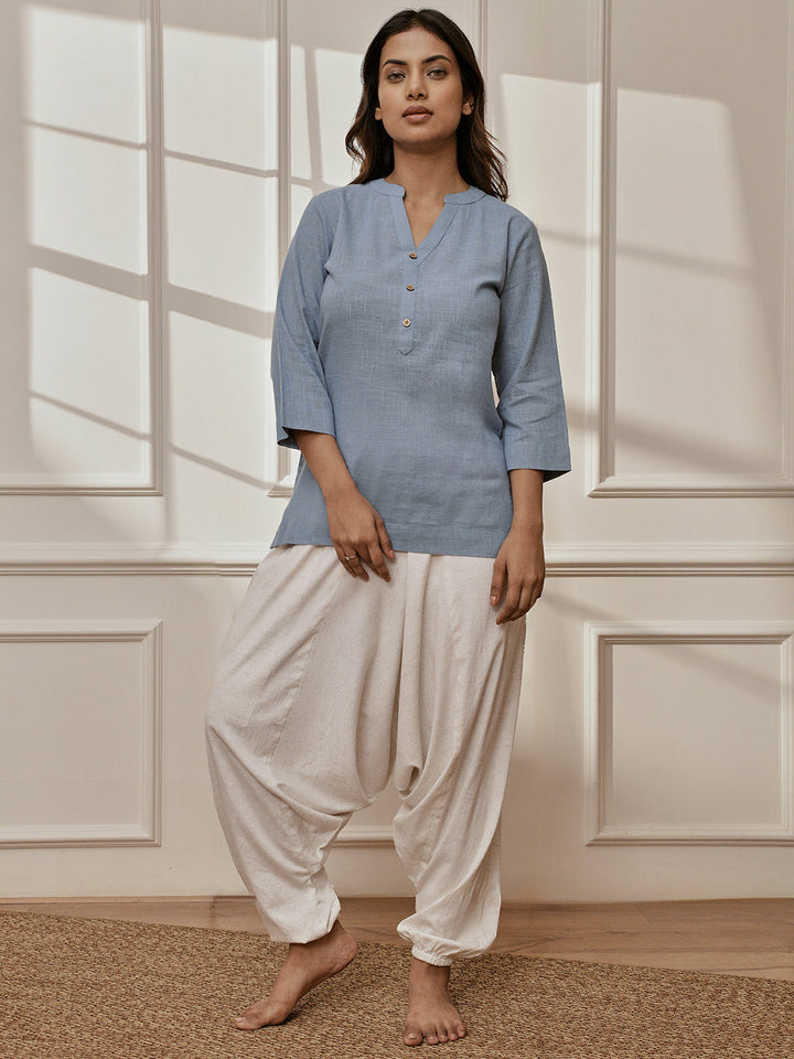 Women's Aqua Cotton Linen Kurta With White Cotton Lycra Harem Pants Yoga Set