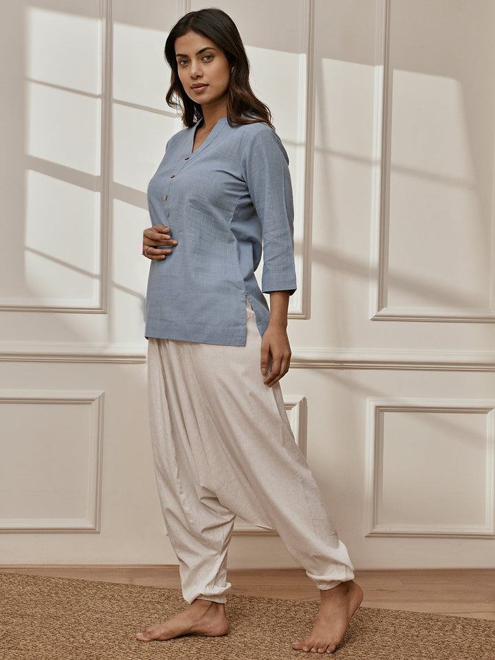 Women's Aqua Cotton Linen Kurta With White Cotton Lycra Harem Pants Yoga Set