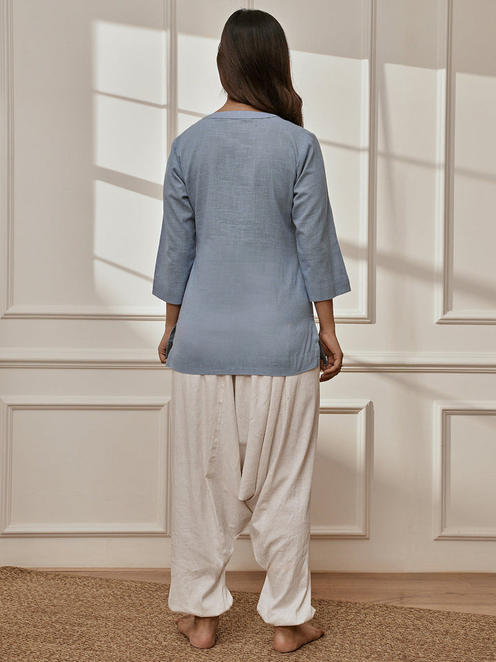 Women's Aqua Cotton Linen Kurta With White Cotton Lycra Harem Pants Yoga Set