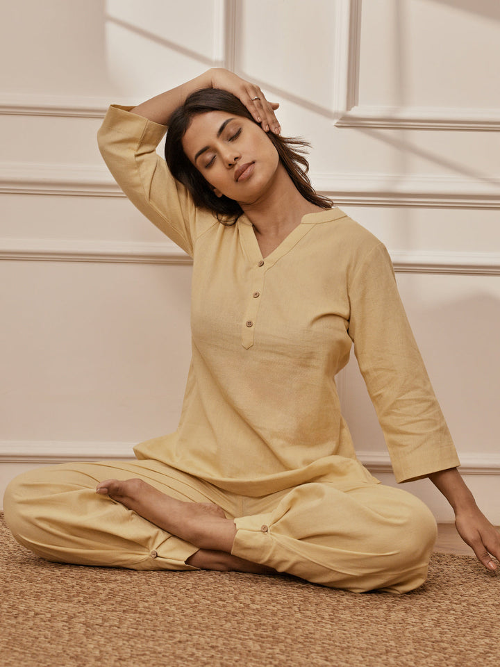 Women Chiku Cotton Linen Three-Quarter Sleeves Yoga Kurta with Straight Pants