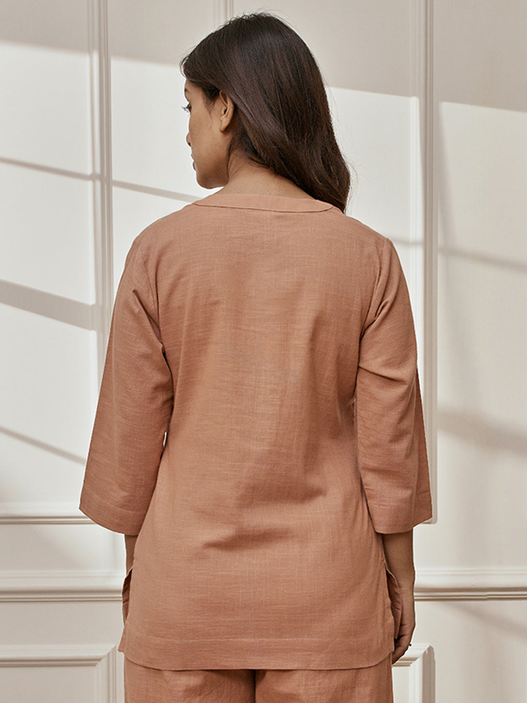 Women's Rose Pink Cotton Linen Band Collar Yoga Kurta