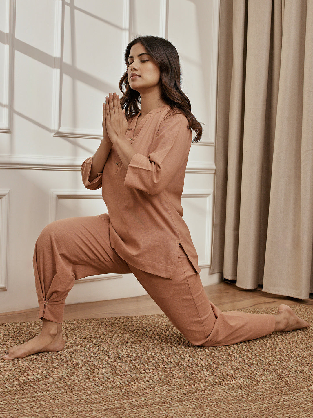 Women's Rose Pink Cotton Linen Band Collar Yoga Kurta