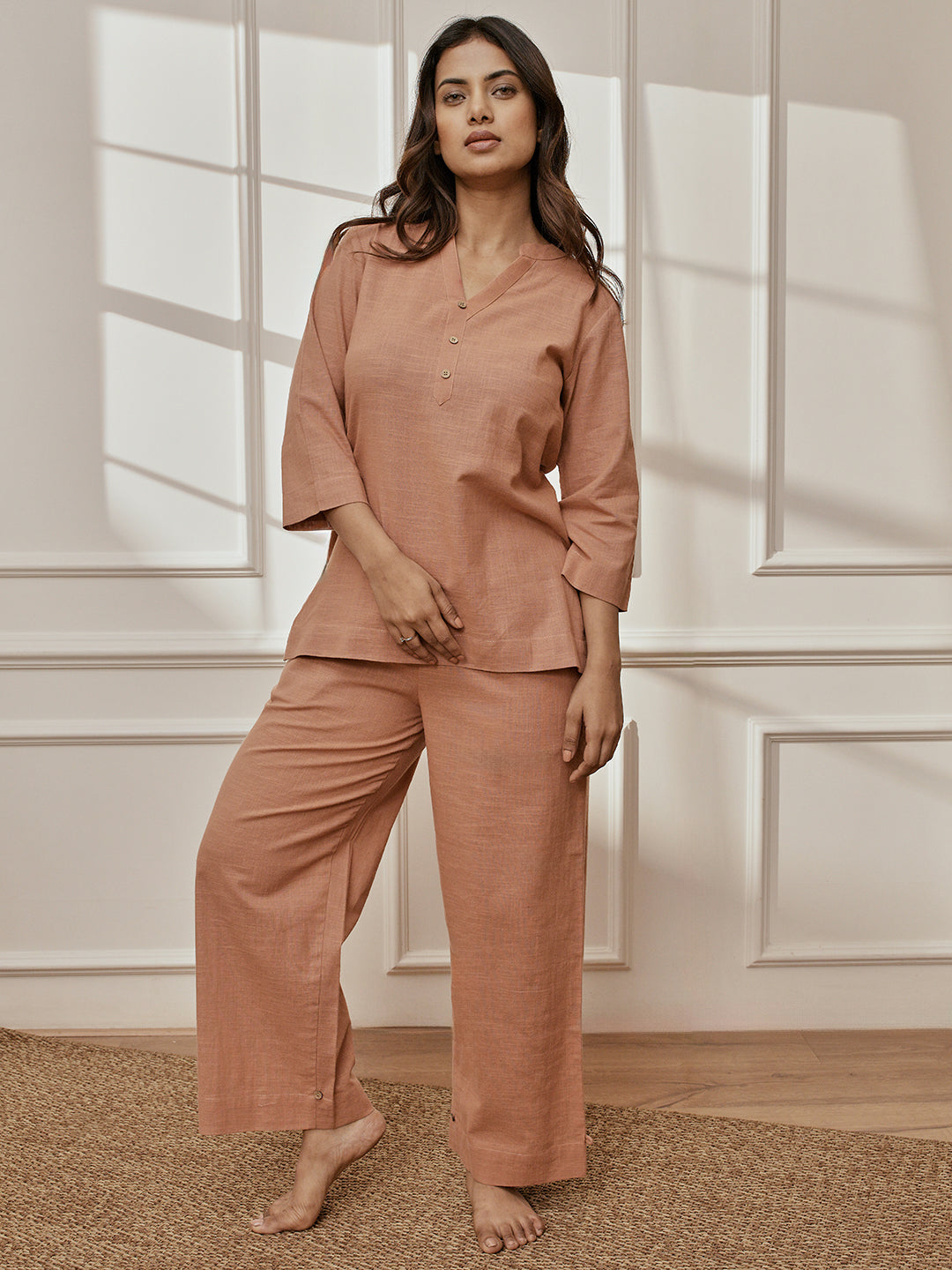 Women Rose Pink Cotton Linen Three-Quarter Sleeves Yoga Kurta with Straight Pants