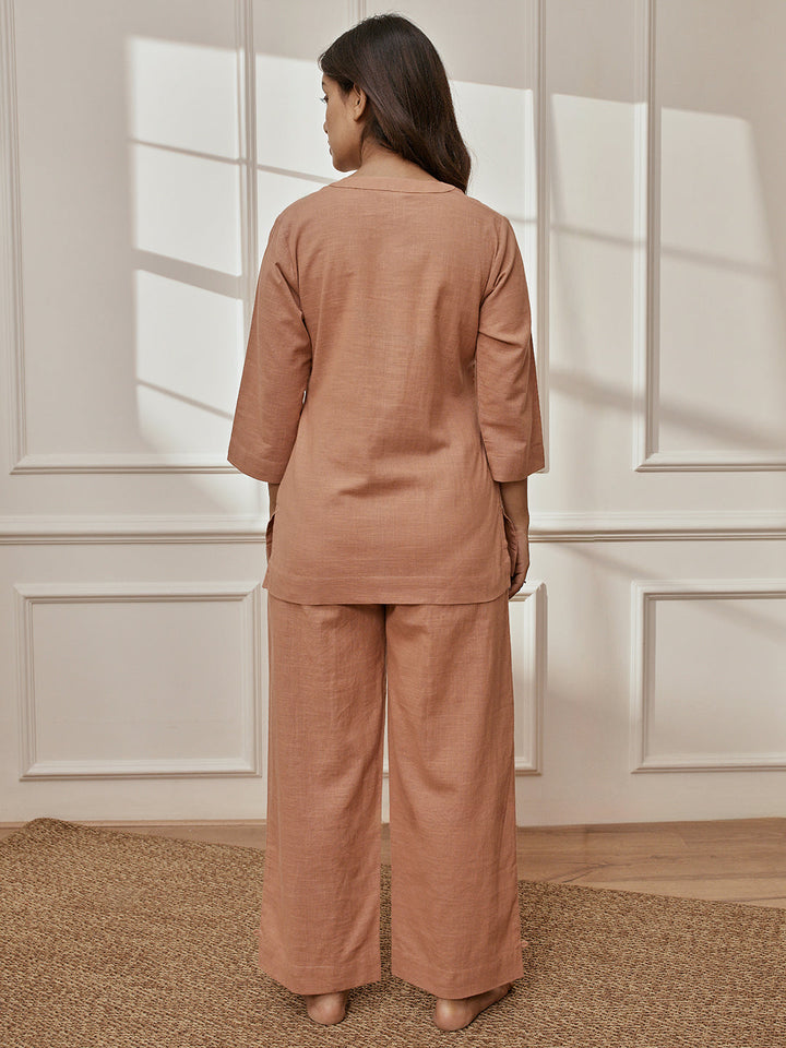 Women Rose Pink Cotton Linen Three-Quarter Sleeves Yoga Kurta with Straight Pants