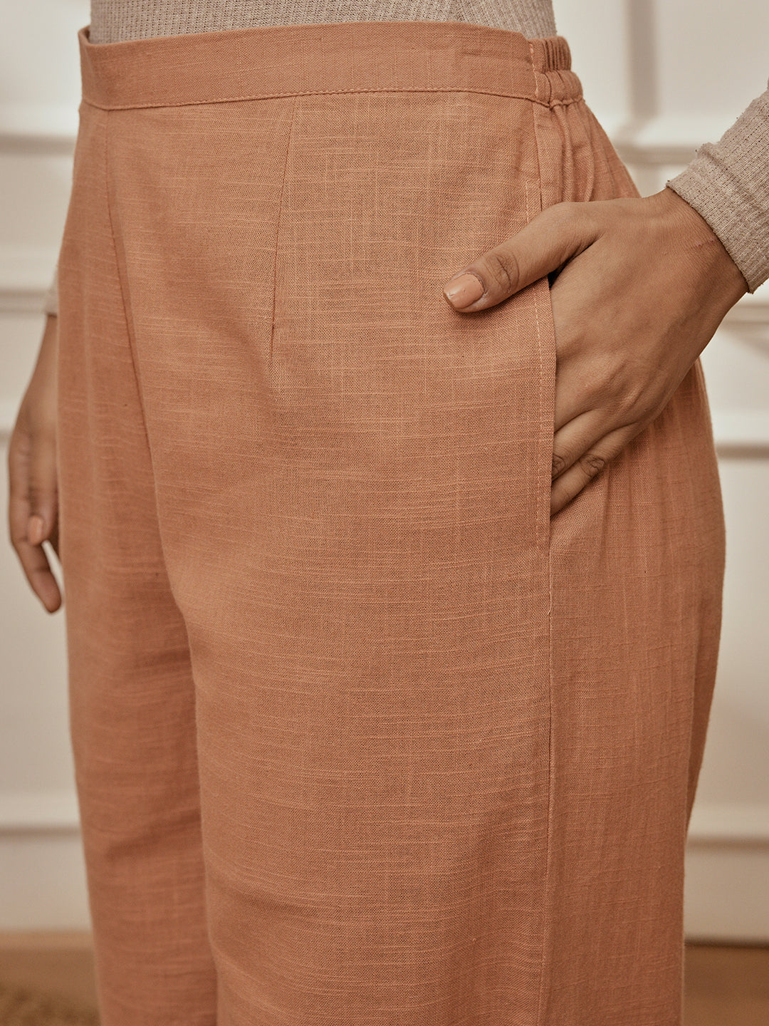 Women Rose Pink Cotton Linen Three-Quarter Sleeves Yoga Kurta with Straight Pants