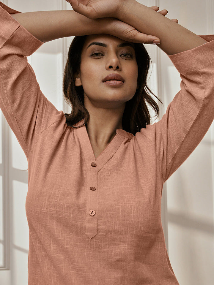 Women's Rose Pink Cotton Linen Kurta With White Cotton Lycra Harem Pants Yoga Set