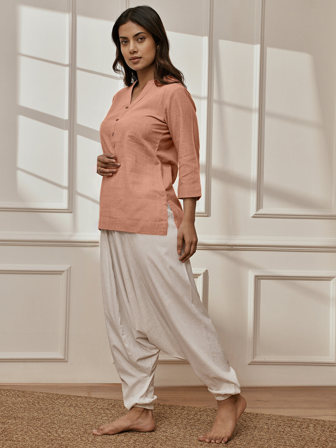 Women's Rose Pink Cotton Linen Kurta With White Cotton Lycra Harem Pants Yoga Set