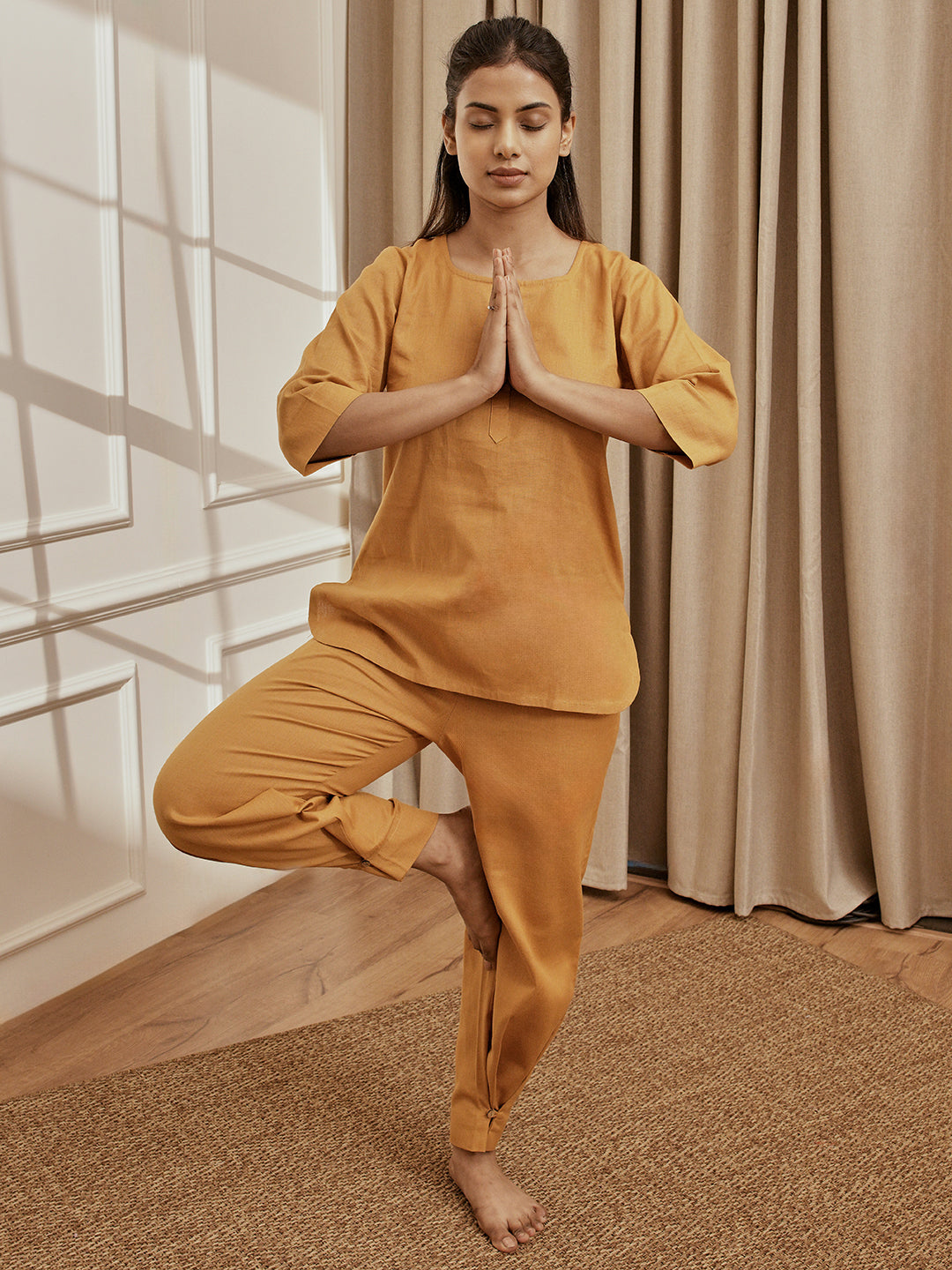 Women's Dusty Saffron Linen Cotton Round Neck Yoga Kurta