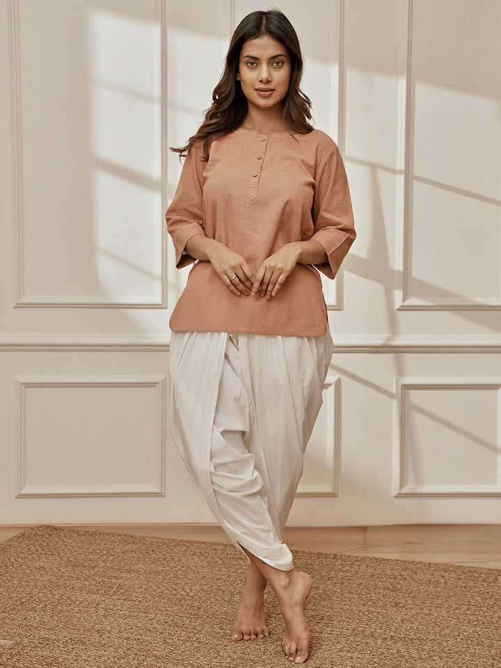 Women's Rose Pink Cotton Linen Kurta With White Cambric Dhoti Pants Yoga Set
