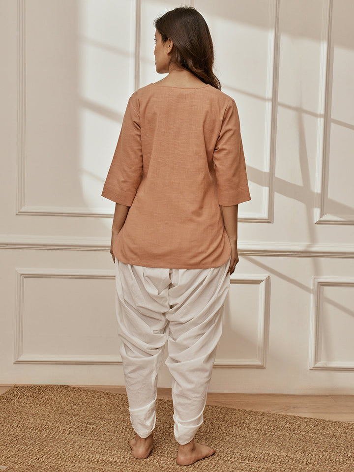 Women's Rose Pink Cotton Linen Kurta With White Cambric Dhoti Pants Yoga Set