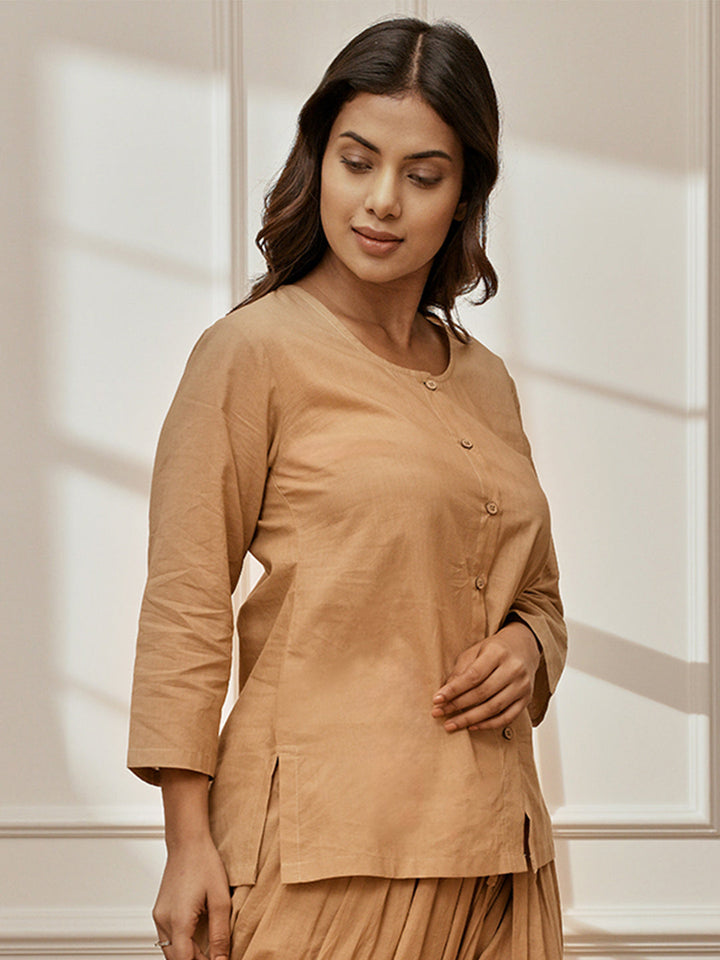 Women's Beige Cambric Cotton Round Neck Yoga Kurta