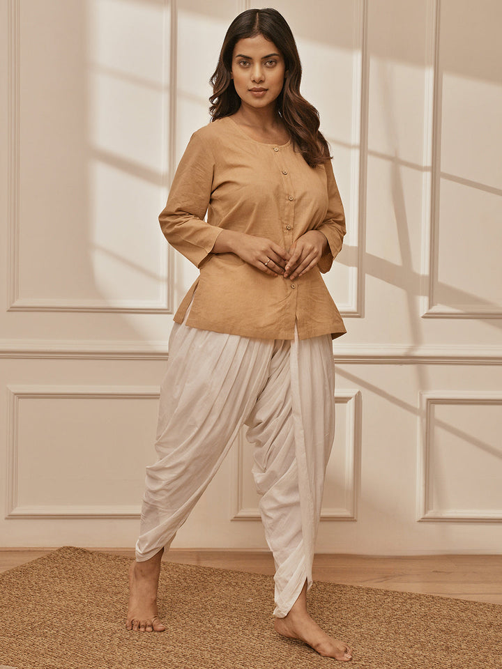 Women's Beige Cambric Cotton Shirt Style Kurta With White Cambric Dhoti Pants Yoga Set