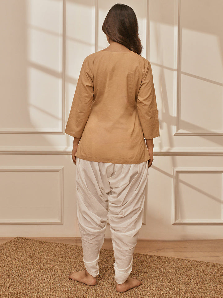 Women's Beige Cambric Cotton Shirt Style Kurta With White Cambric Dhoti Pants Yoga Set