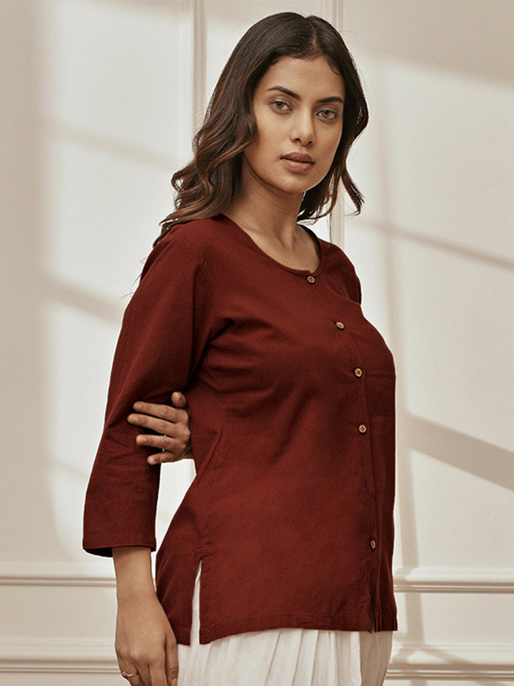 Women's Maroon Cambric Cotton Round Neck Yoga Kurta