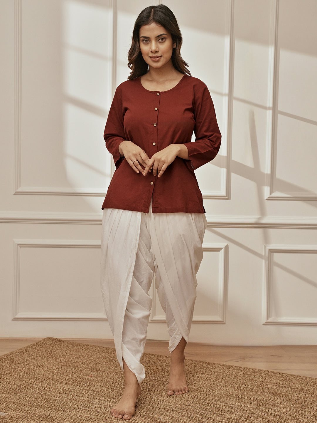Women's Maroon Cambric Cotton Shirt Style Kurta With White Cambric Dhoti Pants Yoga Set