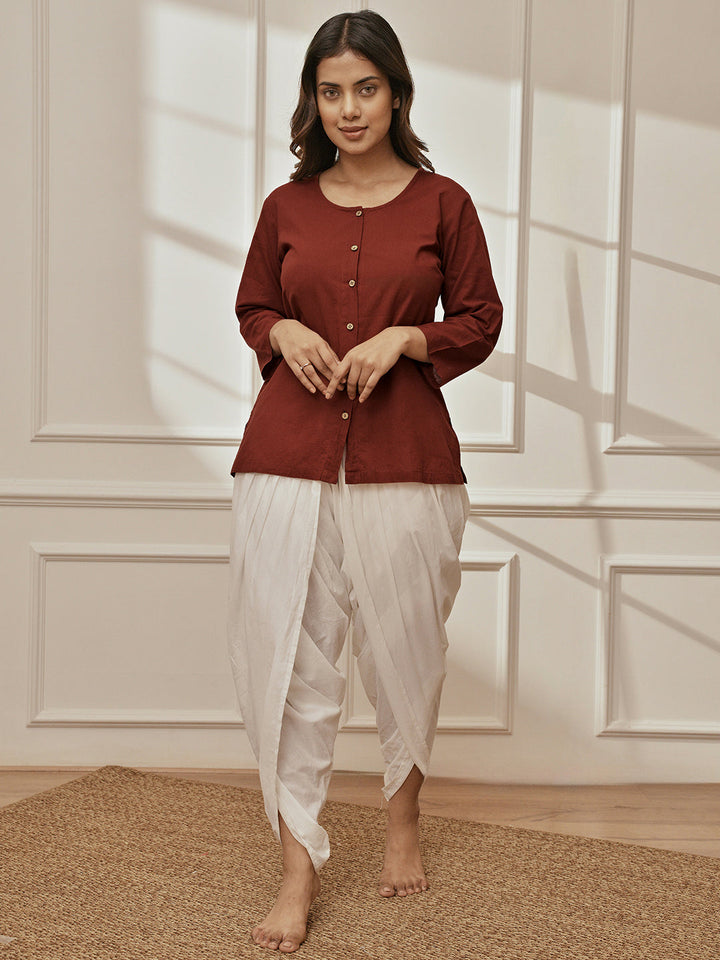 Women's Maroon Cambric Cotton Shirt Style Kurta With White Cambric Dhoti Pants Yoga Set