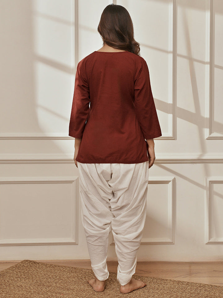 Women's Maroon Cambric Cotton Shirt Style Kurta With White Cambric Dhoti Pants Yoga Set