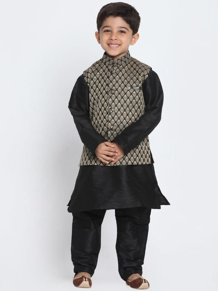 Vastramay Boys' Black Cotton Silk Blend Kurta, Waistcoat and Pyjama Set - qivii