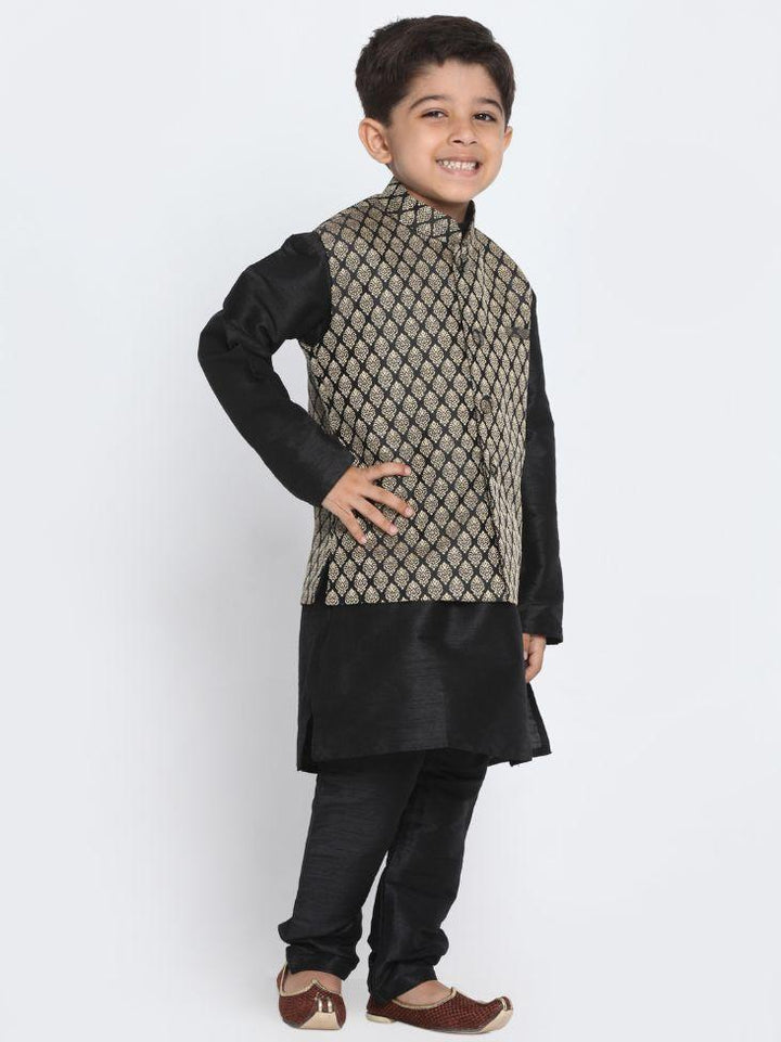 Vastramay Boys' Black Cotton Silk Blend Kurta, Waistcoat and Pyjama Set - qivii