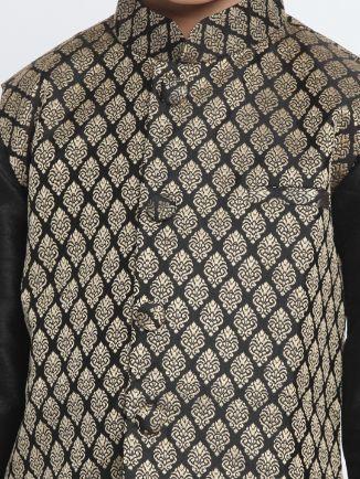 Vastramay Boys' Black Cotton Silk Blend Kurta, Waistcoat and Pyjama Set - qivii