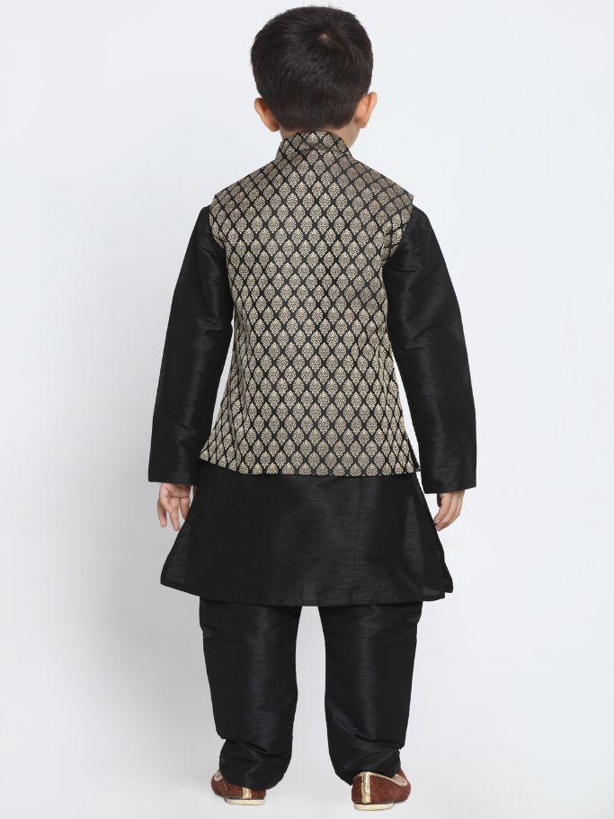 Vastramay Boys' Black Cotton Silk Blend Kurta, Waistcoat and Pyjama Set - qivii