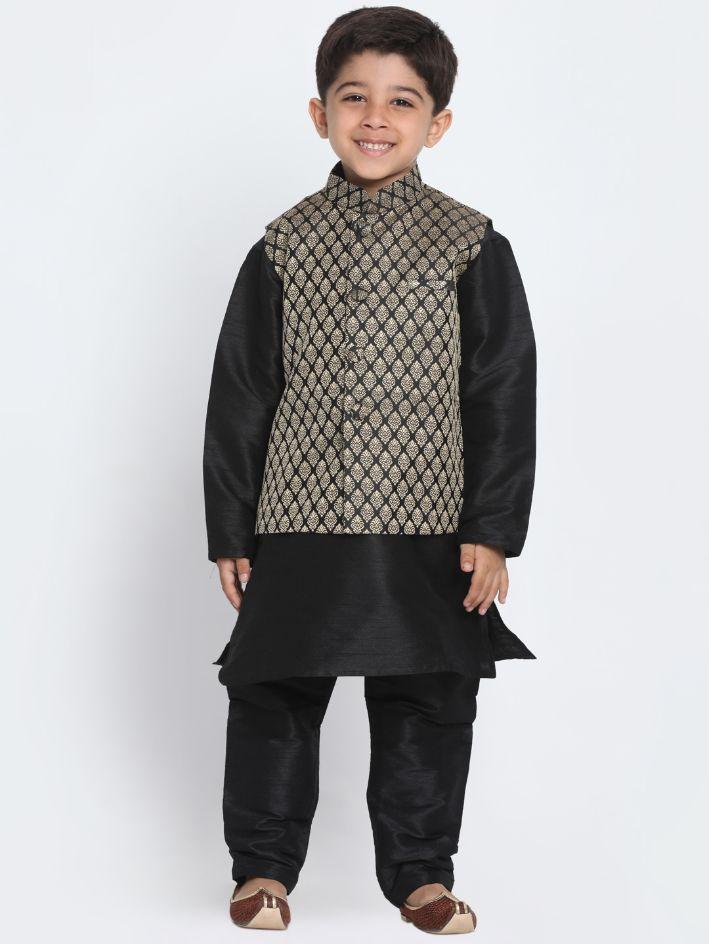 Vastramay Boys' Black Cotton Silk Blend Kurta, Waistcoat and Pyjama Set - qivii