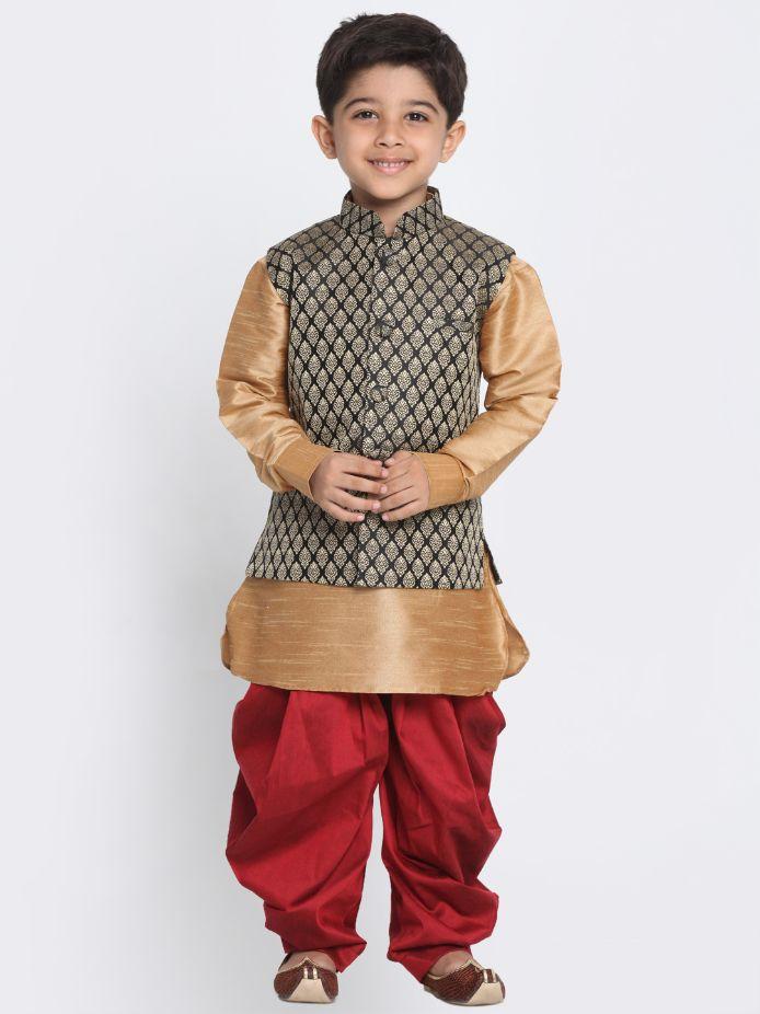 Vastramay Boys' Black Cotton Silk Blend Ethnic Jacket, Golden Kurta and Dhoti Pant Set - qivii