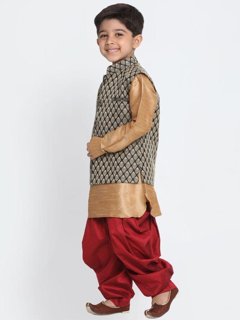 Vastramay Boys' Black Cotton Silk Blend Ethnic Jacket, Golden Kurta and Dhoti Pant Set - qivii