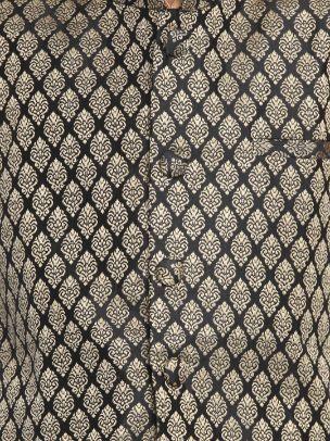 Vastramay Boys' Black Cotton Silk Blend Ethnic Jacket, Golden Kurta and Dhoti Pant Set - qivii