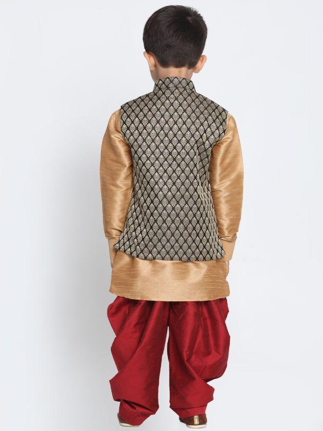 Vastramay Boys' Black Cotton Silk Blend Ethnic Jacket, Golden Kurta and Dhoti Pant Set - qivii